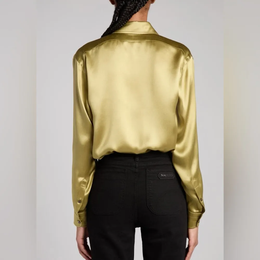 New Tom Ford Fluid Fit Pleated Silk Charmeuse Button-Up Shirt in Fg710 Pale Sage - Image 2