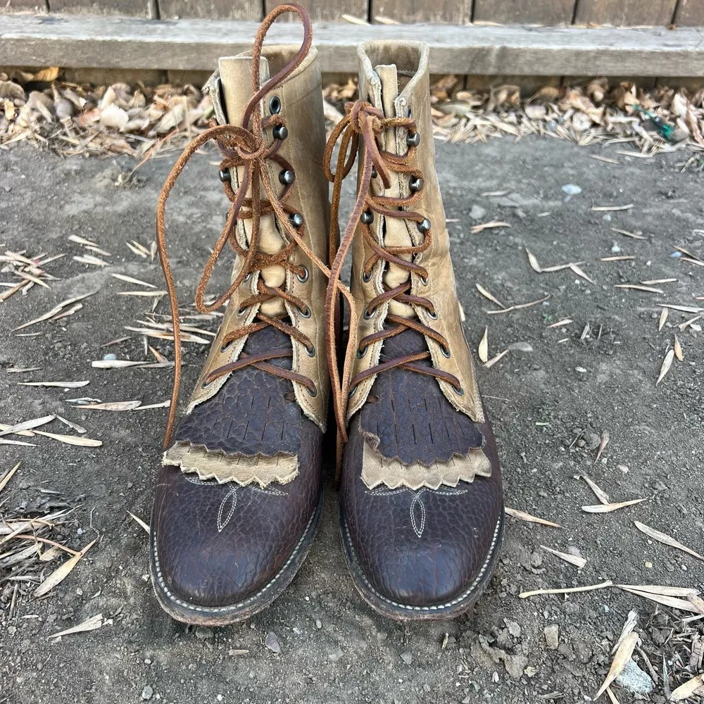 Justin Apache Brown Two Tone Roper Lace Up Cowgirl Boots 8B Style L353 - Image 2