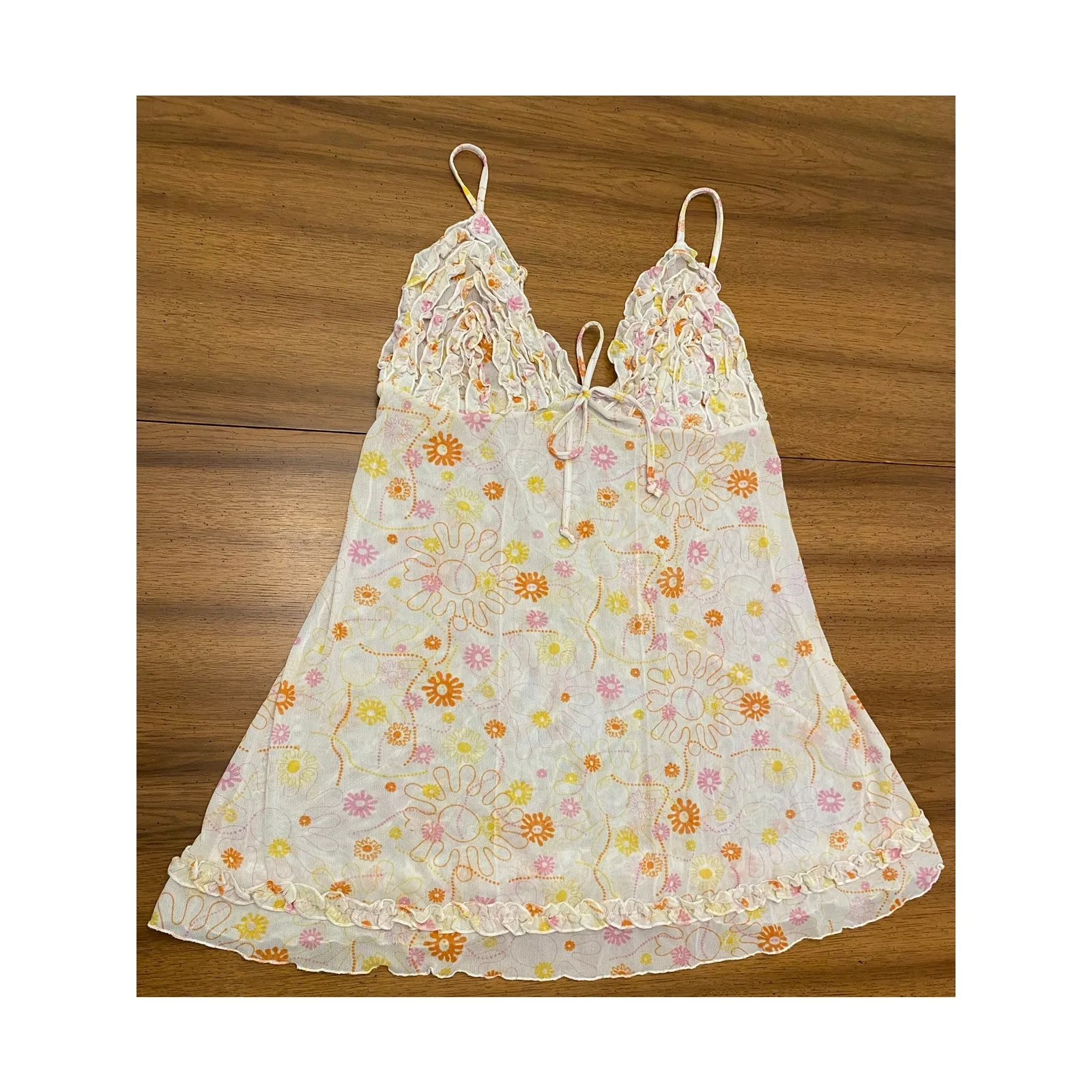 Ilusion Ruffle Bust 70s Floral Babydoll Slip‎ Night Dress Adjustable Straps Med Orange - Image 7