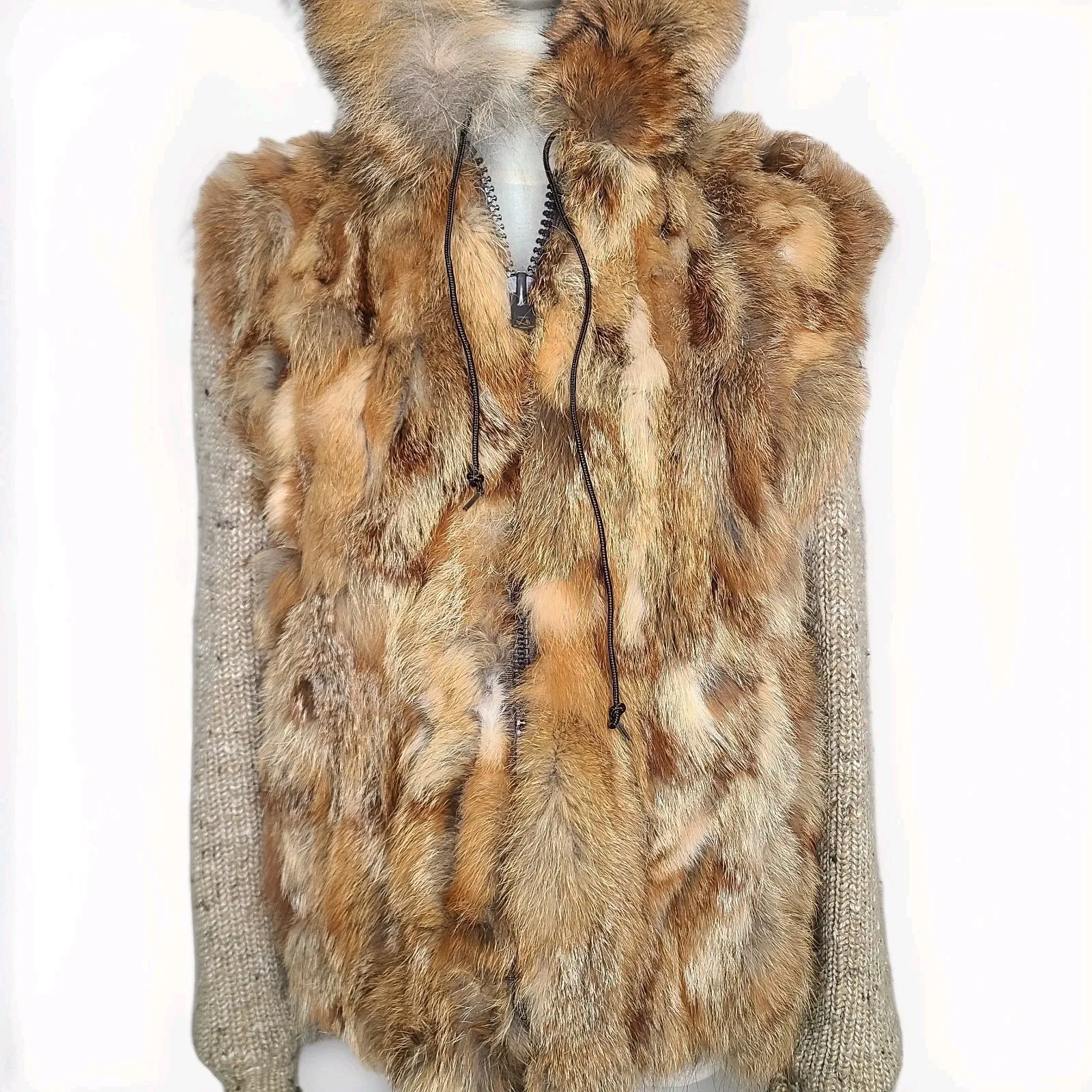 Vintage 1980s Coyote? Fur Sweater Jacket Coat Knit Hooded Zip Retro Hippie Brown Size undefined - Image 3