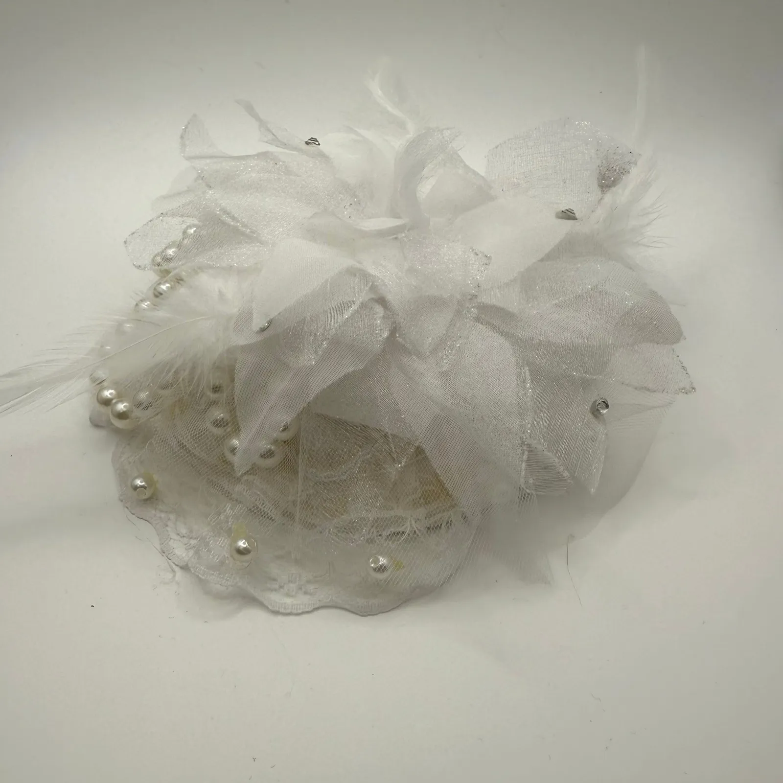 White Bridal Fascinator Hat Hair Clip Lace Pearl Rhinestone Feather Accent - Image 2