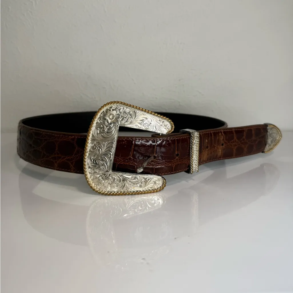 Vintage Al Beres Alligator Leather Belt Silver Plate Buckle Size 34 GUC Brown - Image 2