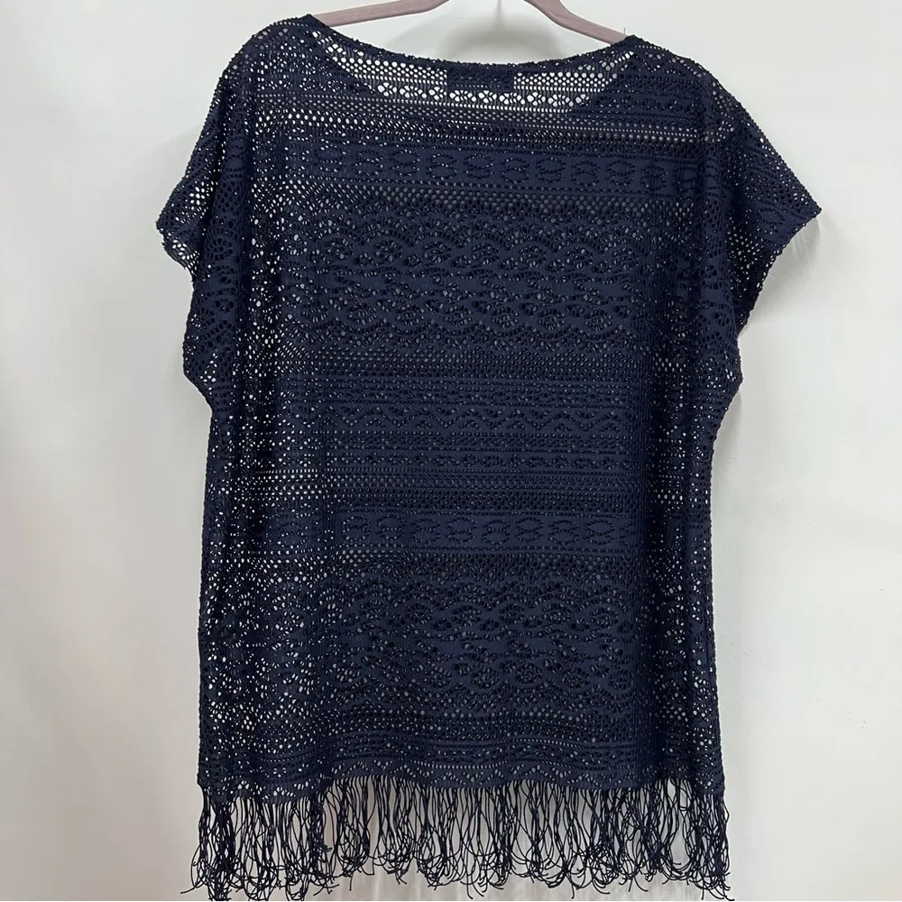 Travel Elements women’s OS top fits all crochet cutouts cover up navy fringe hem Blue Size undefined - Image 2
