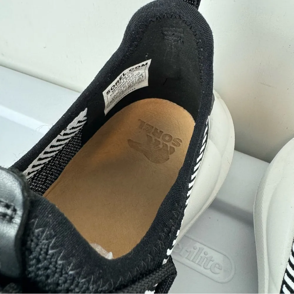 Sorel Explorer Sneakers Defy Low Sz 8.5 Black White Knit Upper Lace Up - Image 15