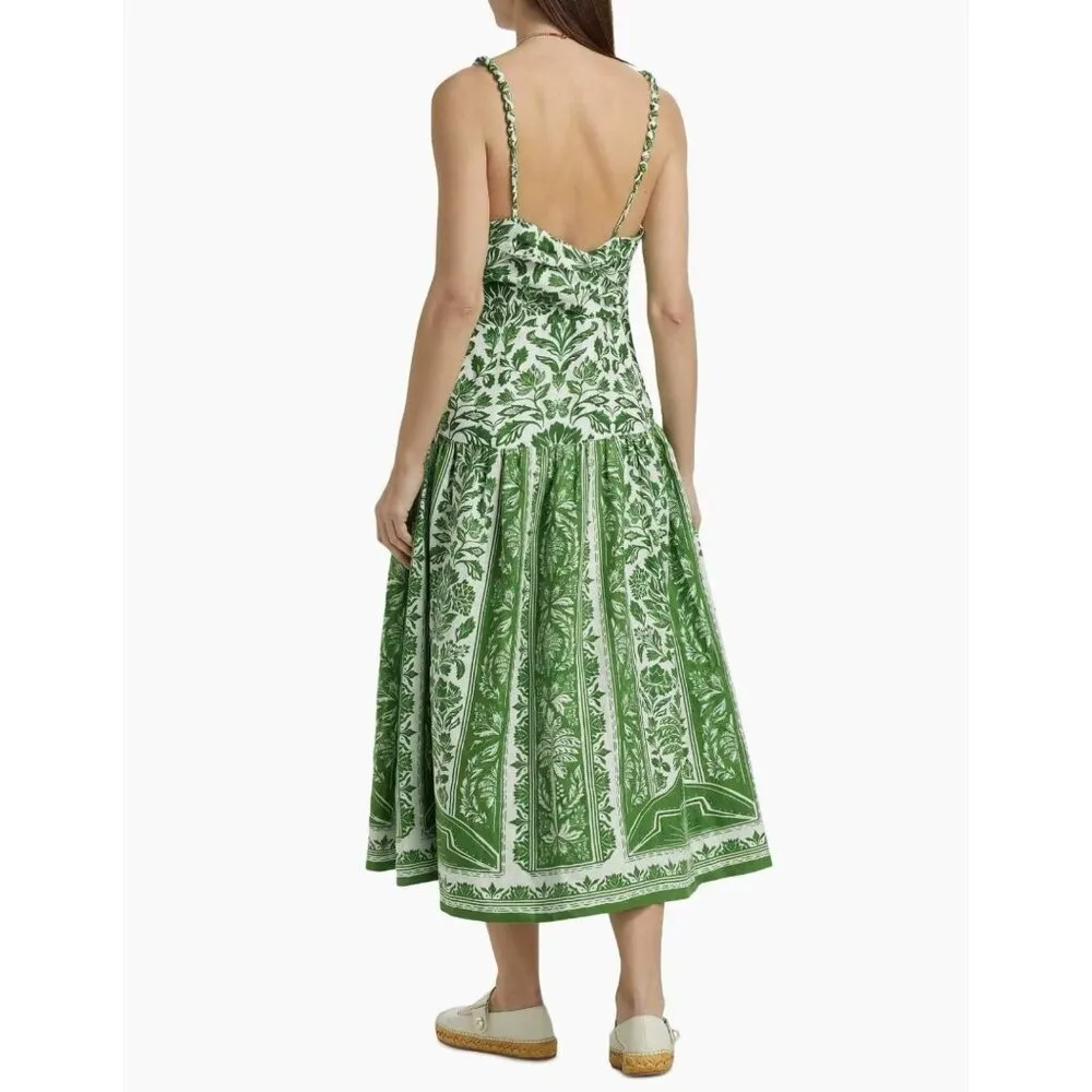 NWOT Farm Rio Floral Delicate Tapestry Linen Drop-Waist Midi Dress Size XL Green - Image 4