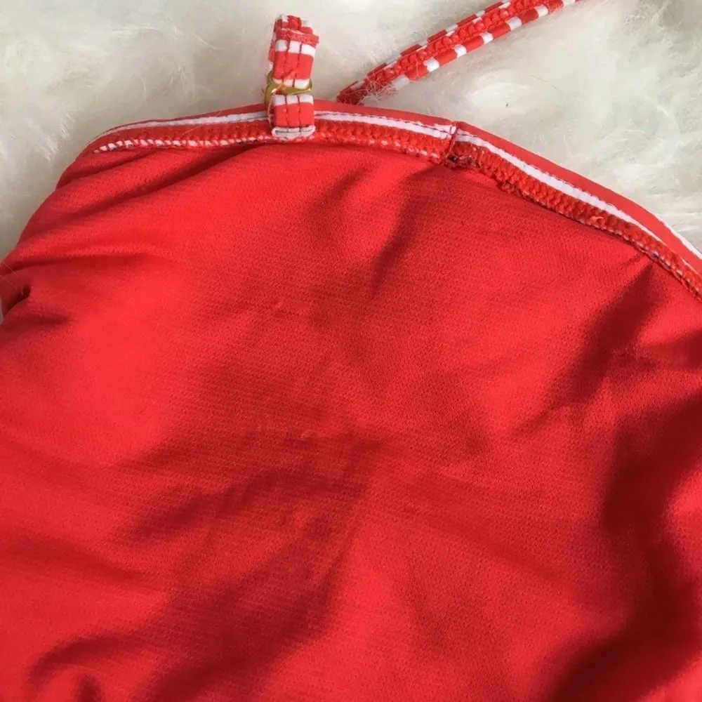 Nicole Miller Bandeau Halter Tie Neck Bikini Top Size 10 Striped Floral Red Blue - Image 10