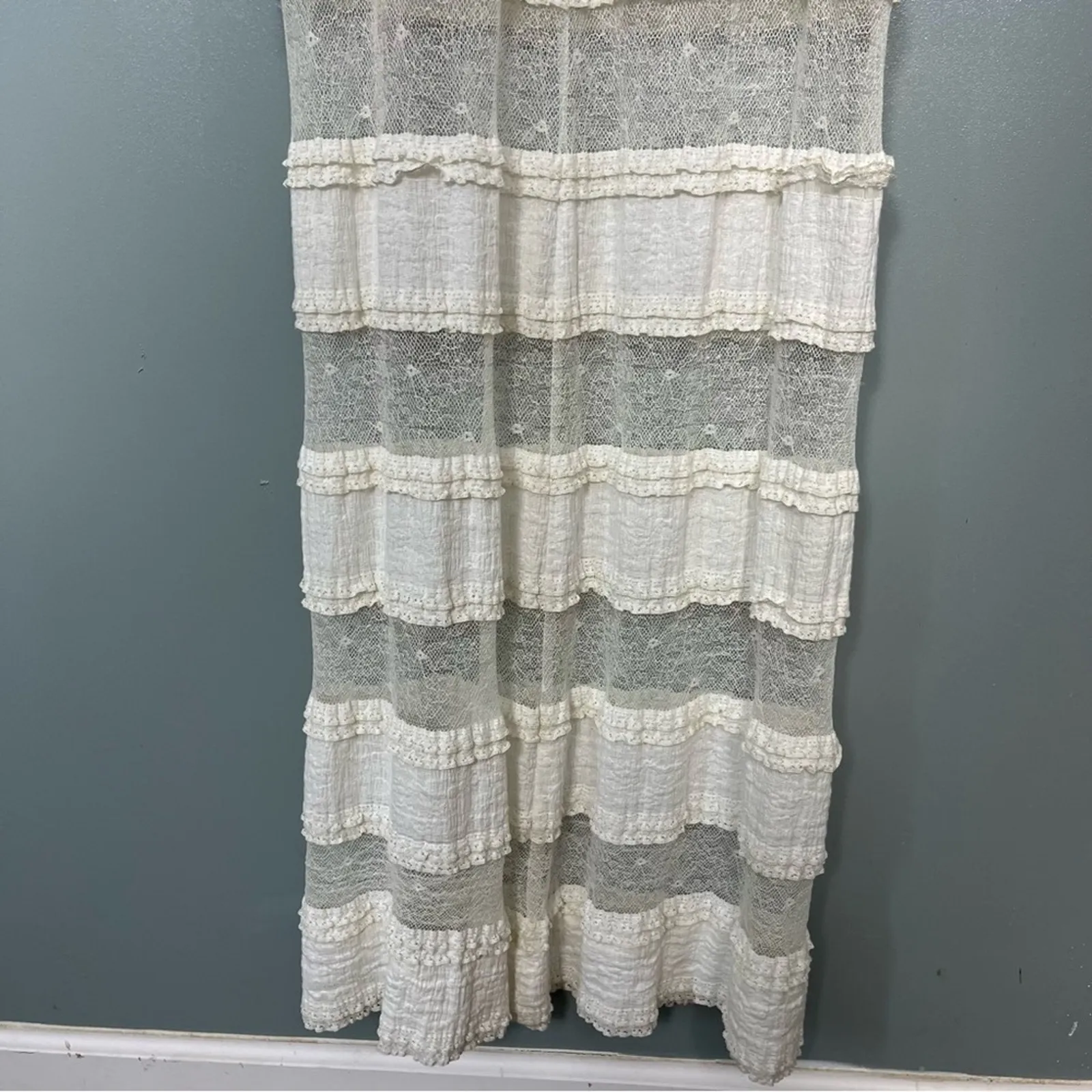 Miguelina Tiered Maxi Column Dress Crochet & Lace White Ivory Sample XS/S - Image 9