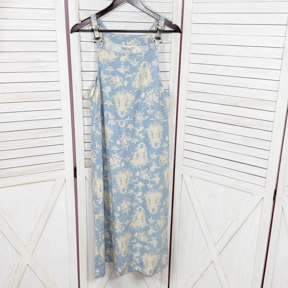 Vintage Match Floral Toile Print Linen Overall‎ Jumper Midi Dress Blue Medium - Image 7