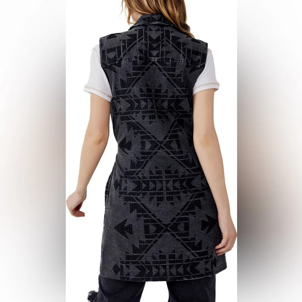 Free People Geometric Longline Wrap Belted Denim Vest Gray/Black Size XS NEW - Image 6