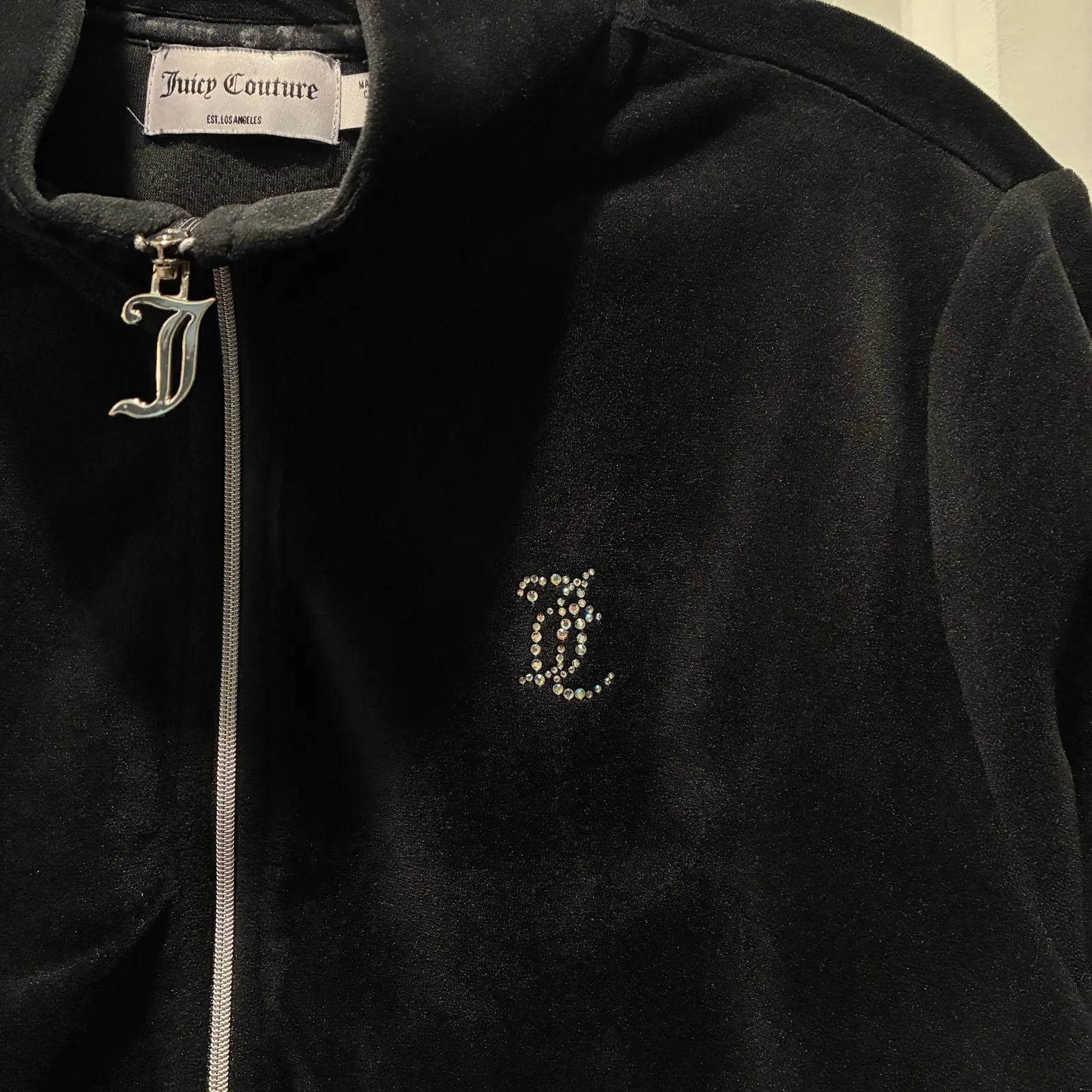 Juicy Couture Jacket Velour Zip Up Rhinestones Sweatshirt White Label Black XL - Image 6