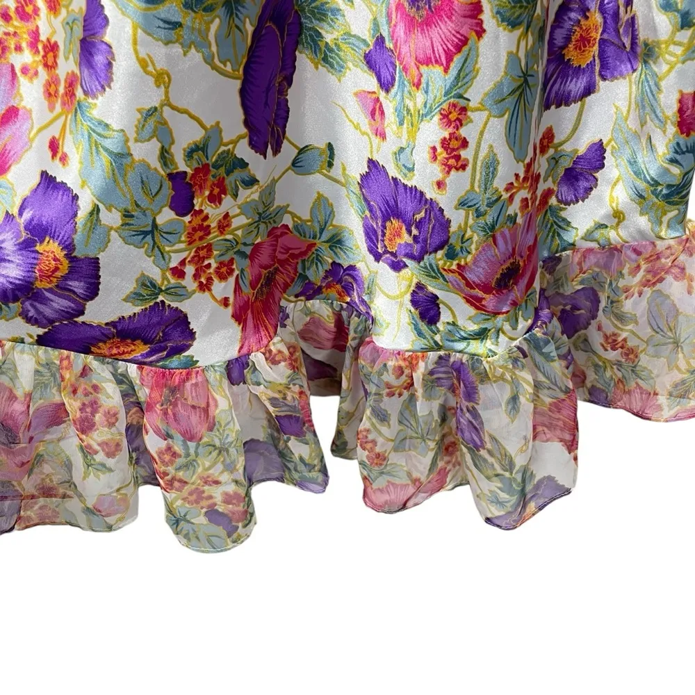 VINTAGE Satin Floral Ruffle Mini Slip Dress in White/Pink/Purple OS White Size undefined - Image 4