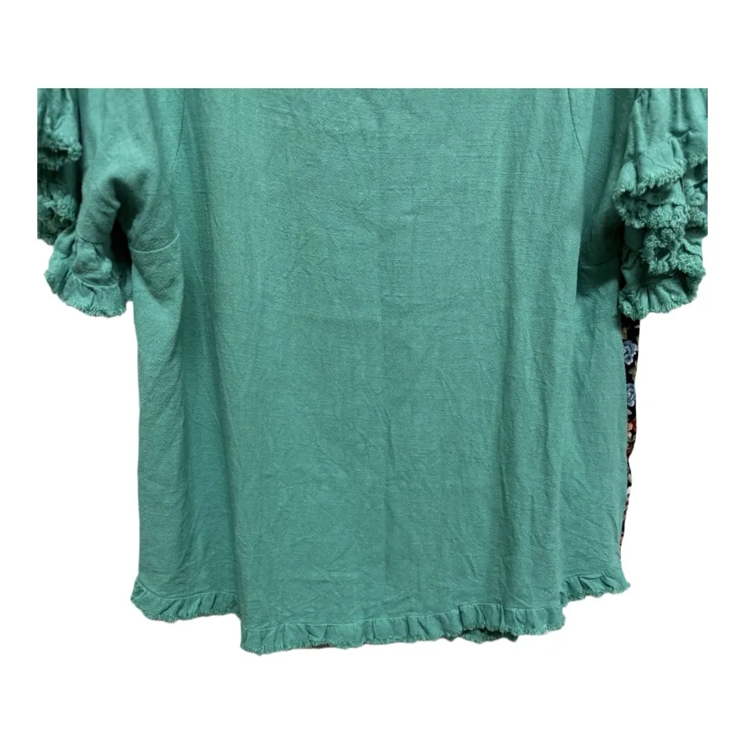 Umgee Raw Hem Linen Blend Green Short Sleeve Animal Print Floral Sheer Back M - Image 3