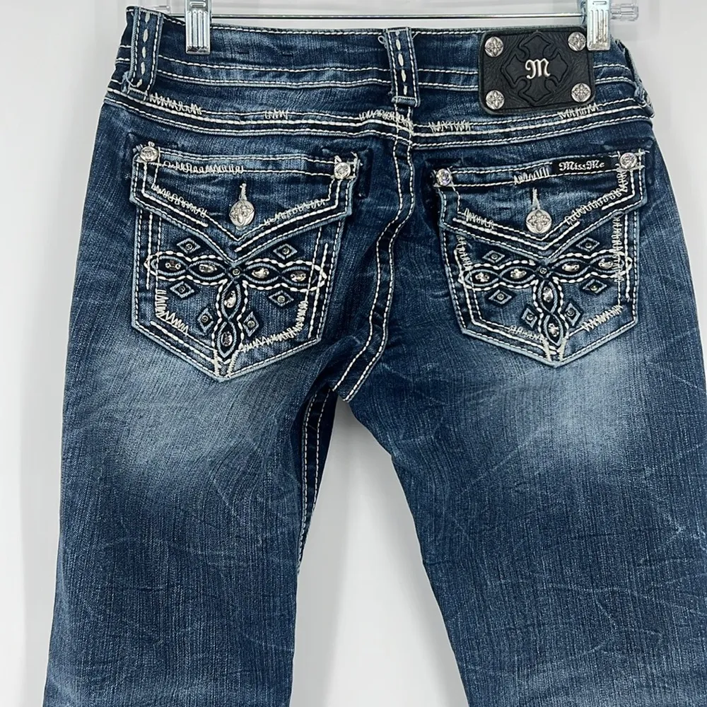 Miss Me Signature Dark Blue Flare Jeans with Embellished Pockets - Image 3