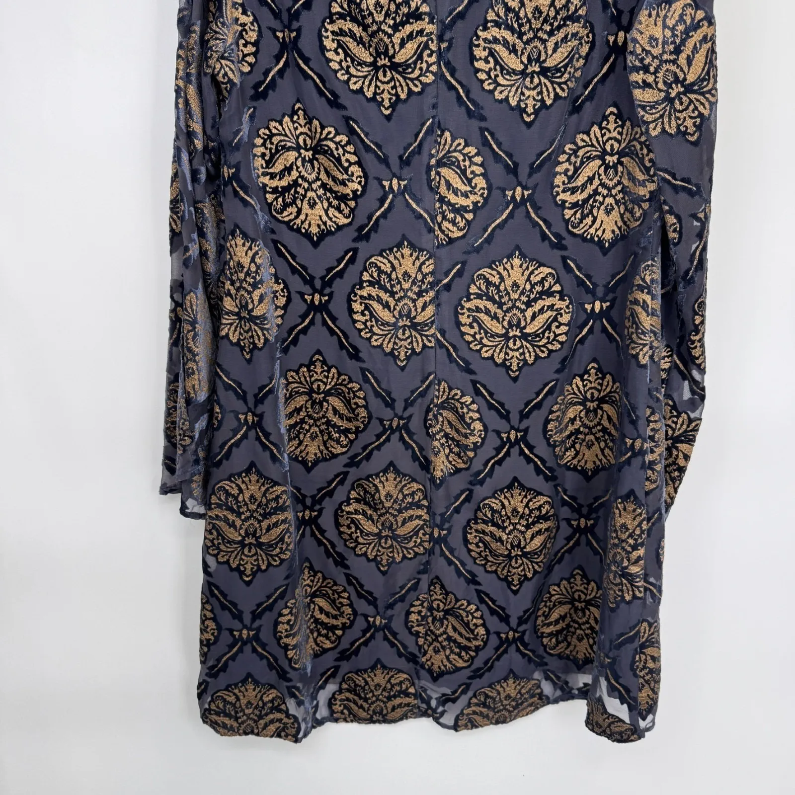 ASTR the Label Cold Shoulder Dress Womens Small Velvet Medallion Print Blue Gold - Image 10