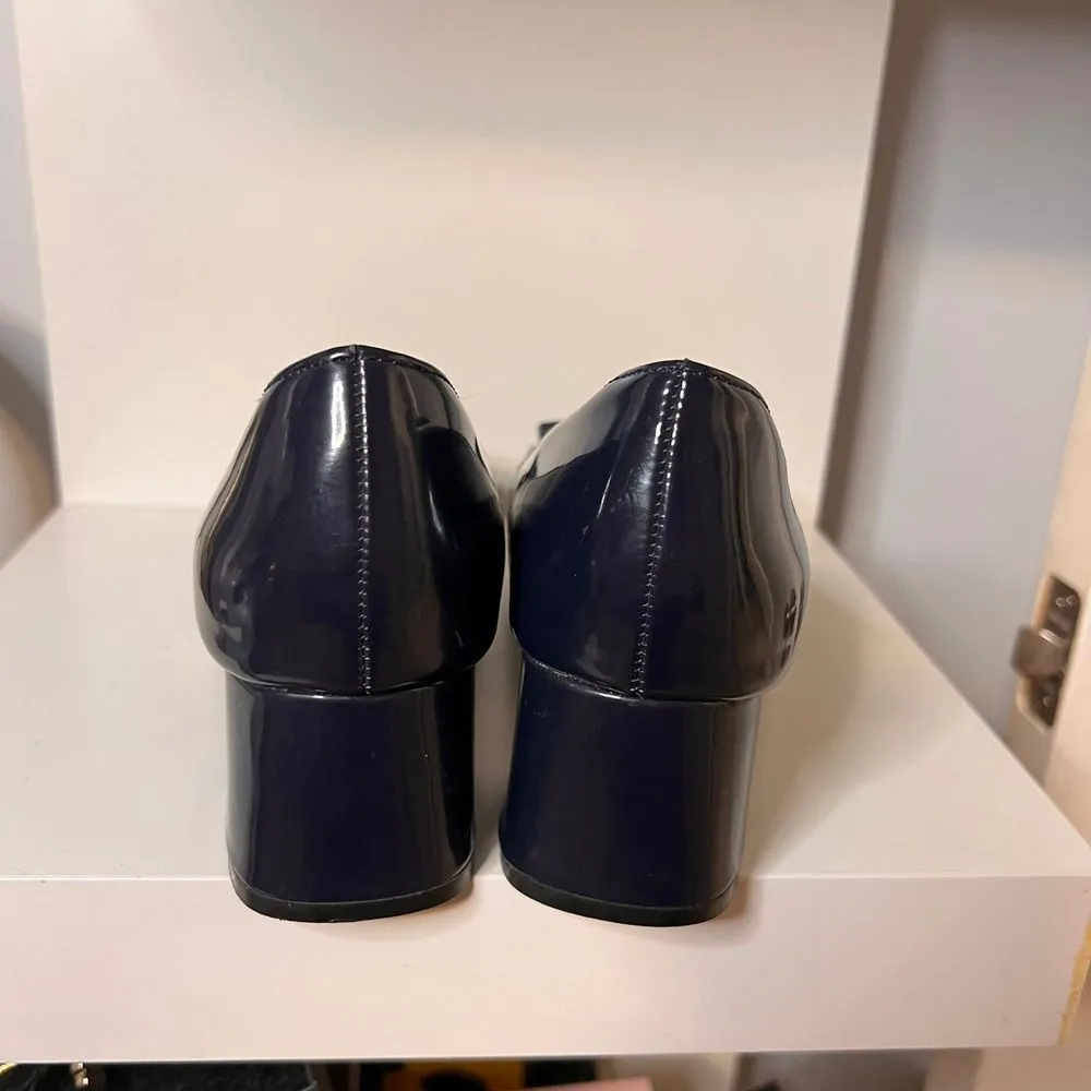 Navy Blue Patent‎ Leather Block Heel Loafers with Chain Detail & Fringe - Image 4