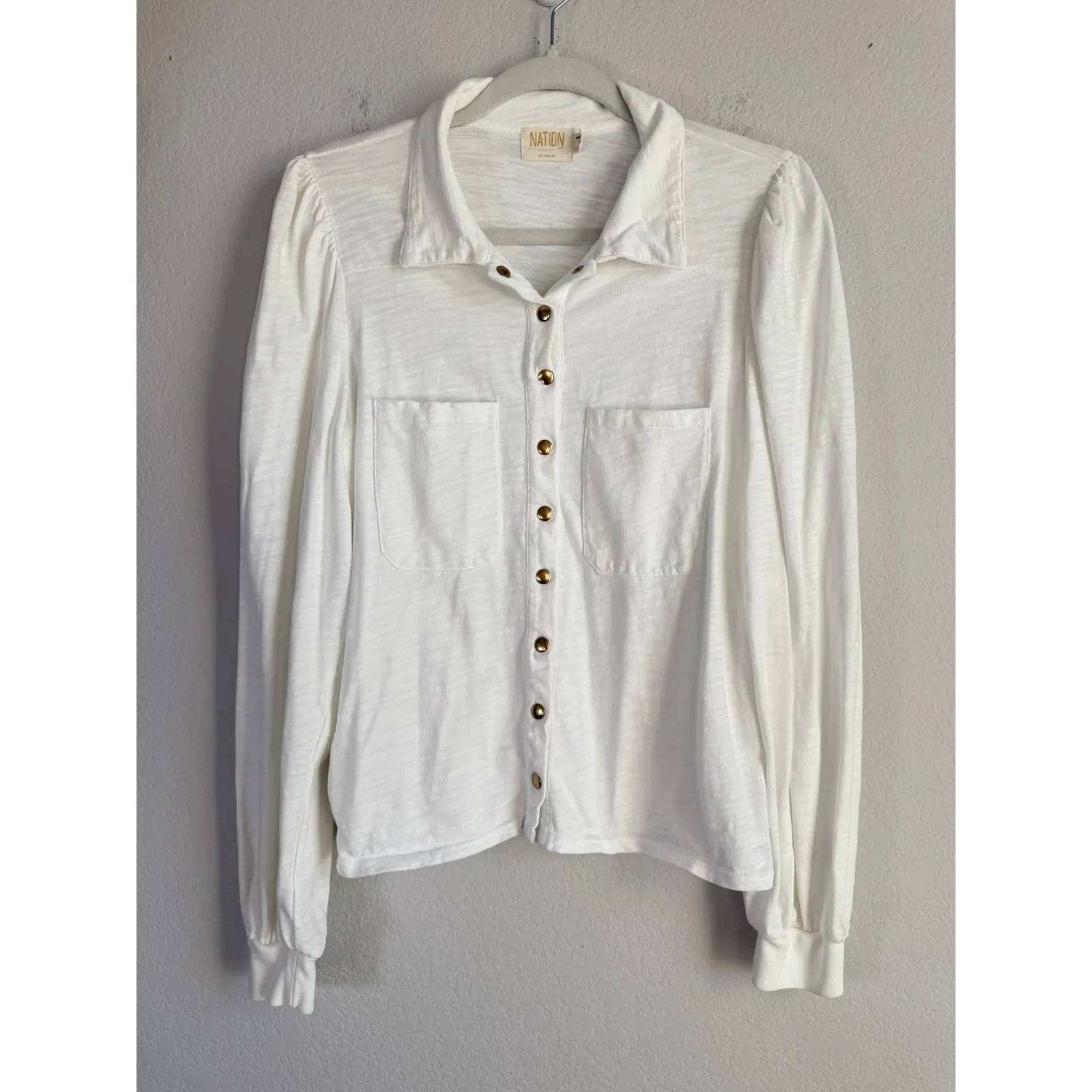 Nation LTD Desta Femme Top Long Puff Sleeves Button Down Shirt Women's L White - Image 11