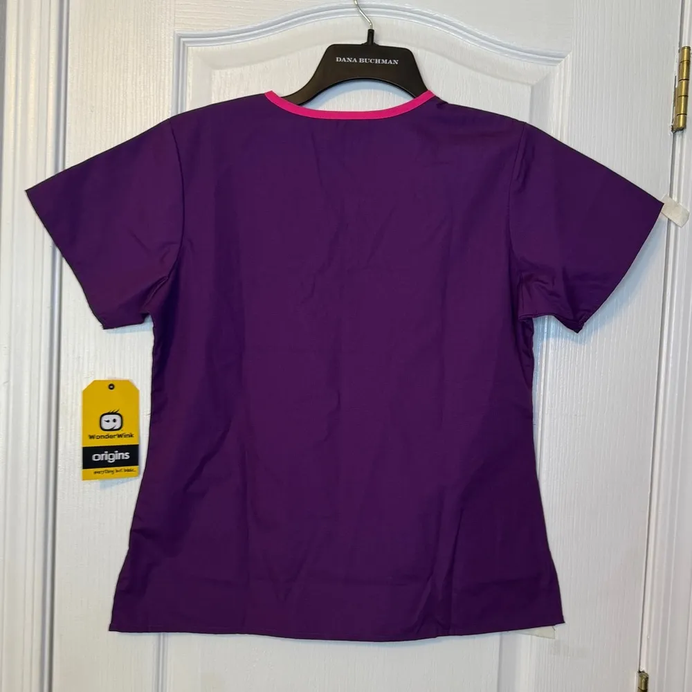 WonderWink Women's Charlie 5 Pocket Y-Neck Wrap Top, Eggplant-Small-NWT - Image 3