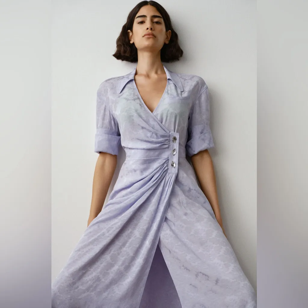 GANNI Jacquard Satin Wrap Midi Dress, Lilac Cosmic Sky, FR34/US2 - Image 3