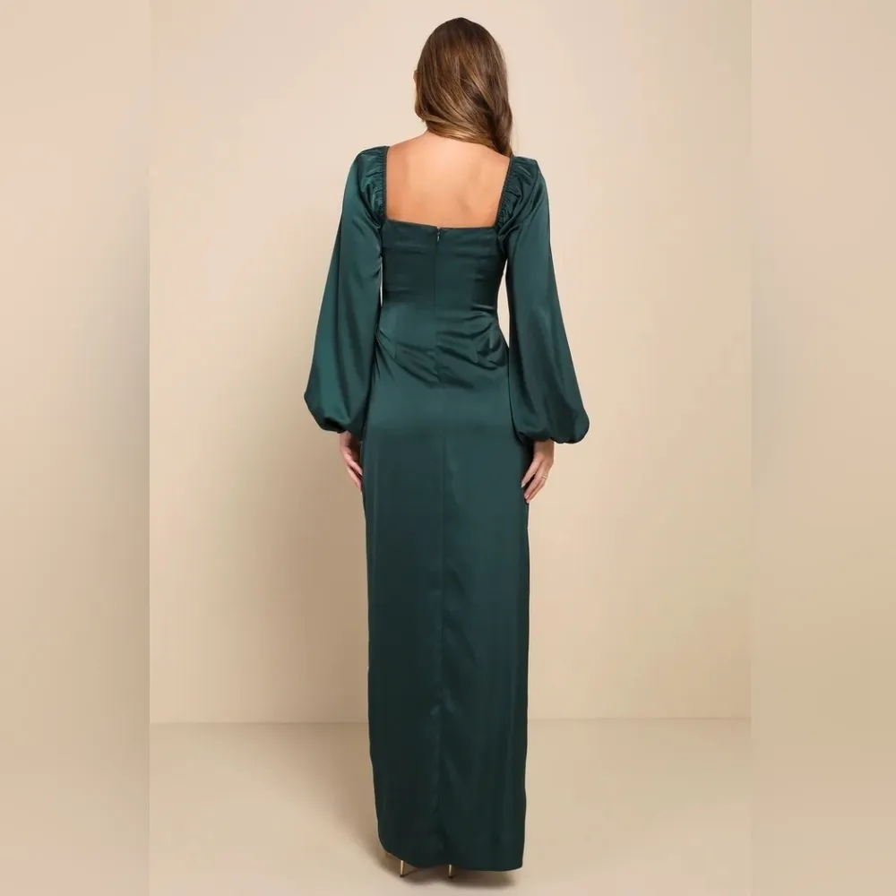 LULUS Eternal Heart Emerald Green Satin Long Sleeve Maxi Dress - Image 4