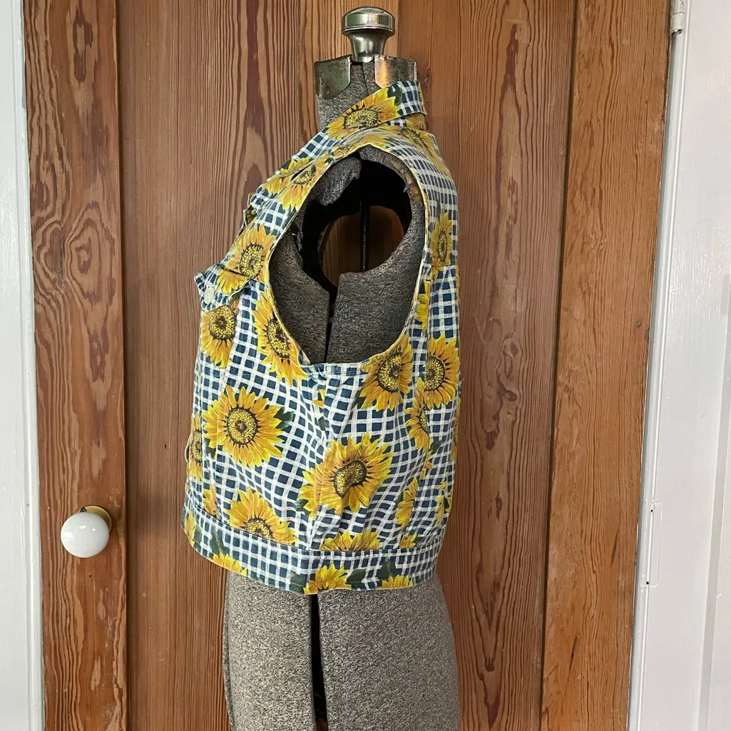 Vintage 90s Tribes Sunflower Vest Gingham Crop Button Down Cottagecore Floral~L Yellow Size L - Image 5