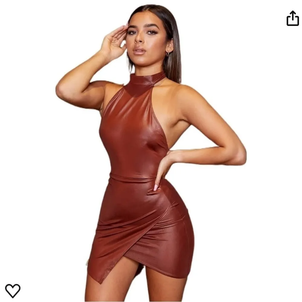 SHEIN Rust Brown Asymmetrical Hem Open Back PU leather Bodycon Party Dress Sz XS - Image 3