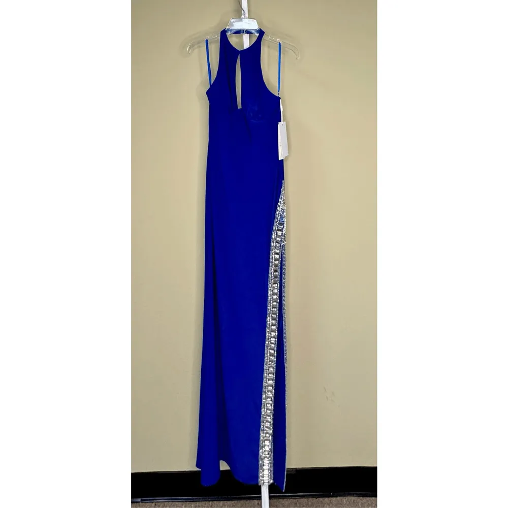 Mac Duggal NWT Jersey Halter Neck Beaded Slit Detail Gown in Cobalt Size 4 - Image 4