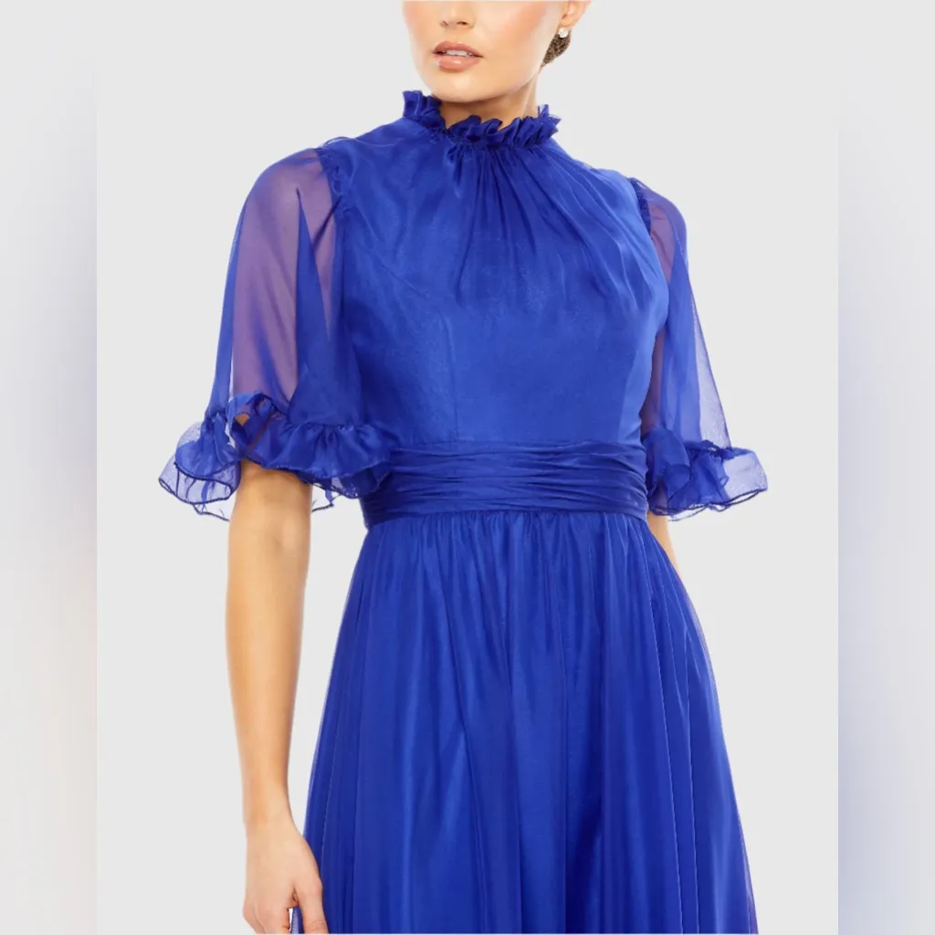 MAC DUGGAL
Blue Ruffled Mock Neck Flutter Sleeve High Low Hem Gown Size 12 NWT - Image 8