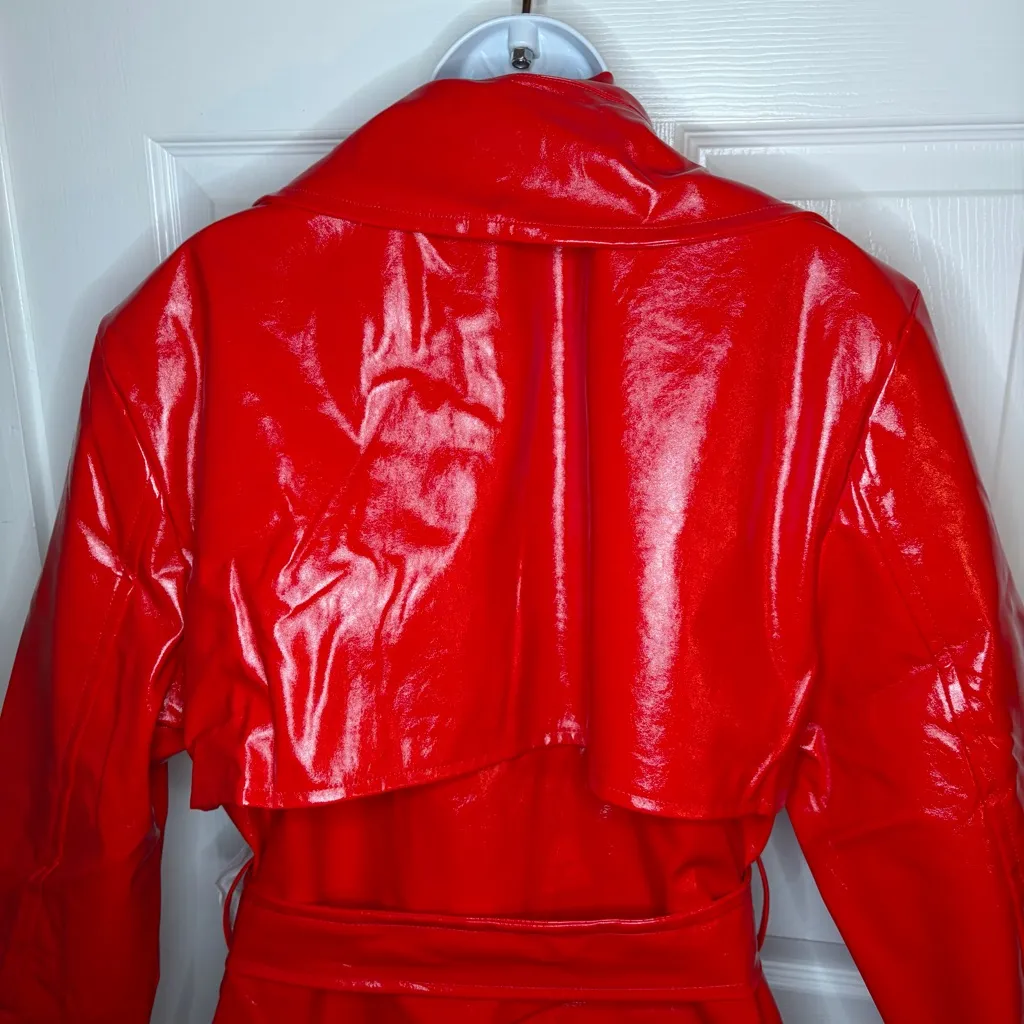 Torn by Ronny Kobo Cherry Red Regina Faux Leather Trench Coat Belted M NWT - Image 8