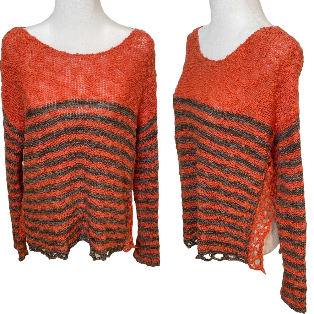 Free People Sweater Striped Crochet Knit Boatneck Cotton Long Sleeve Coral XS - Image 2