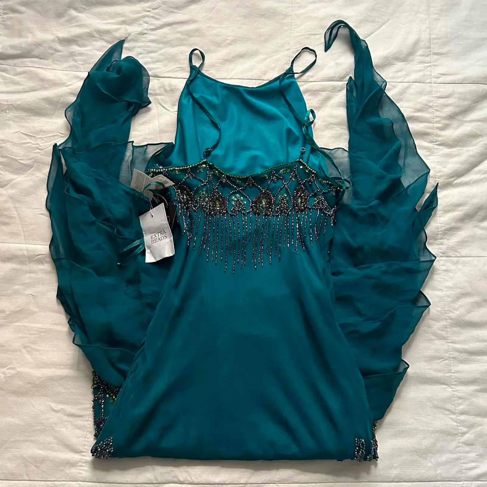 Deadstock vintage silk teal beaded dress with flutter mermaid asymmetrical hem Blue - Image 7