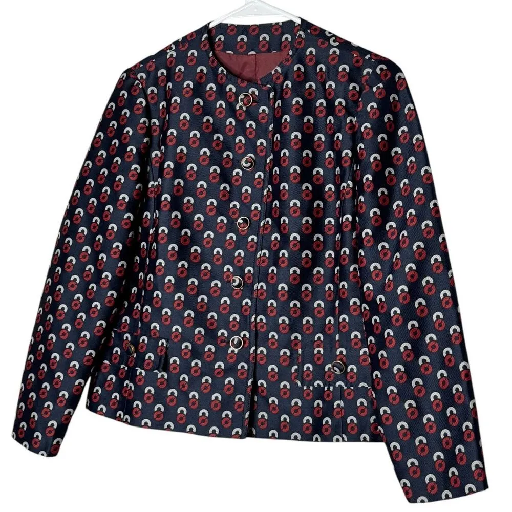 Vintage Navy collarless blazer with red & white print button closing size 10 Blue - Image 13