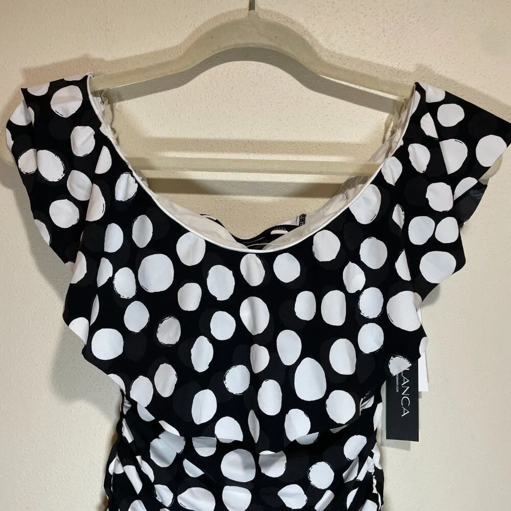NEW La Blanca Size 6 Mod For Dot Polka Dot Ruffle One Piece Swimsuit Black White - Image 4
