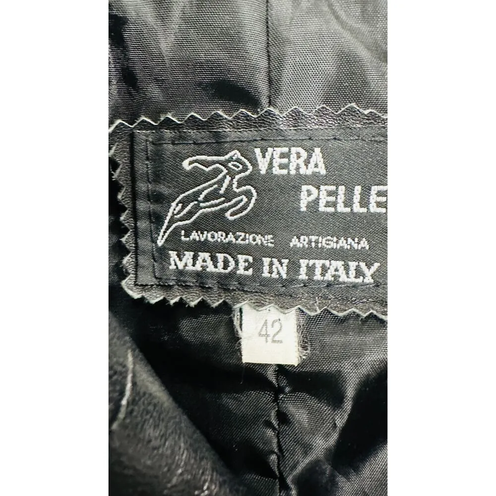 Vera Pelle Sz Womens M/L 42 Black Leather Coat Jacket Trench Made in Italy - Image 5