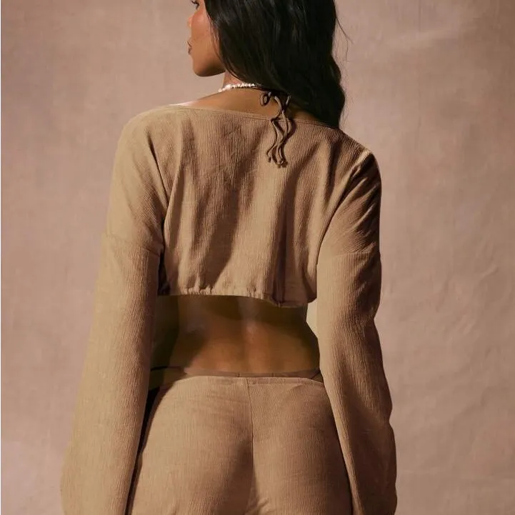 Open Plunge Neck Adjustable Tie Hem Top and Pants Set Tan - Image 4