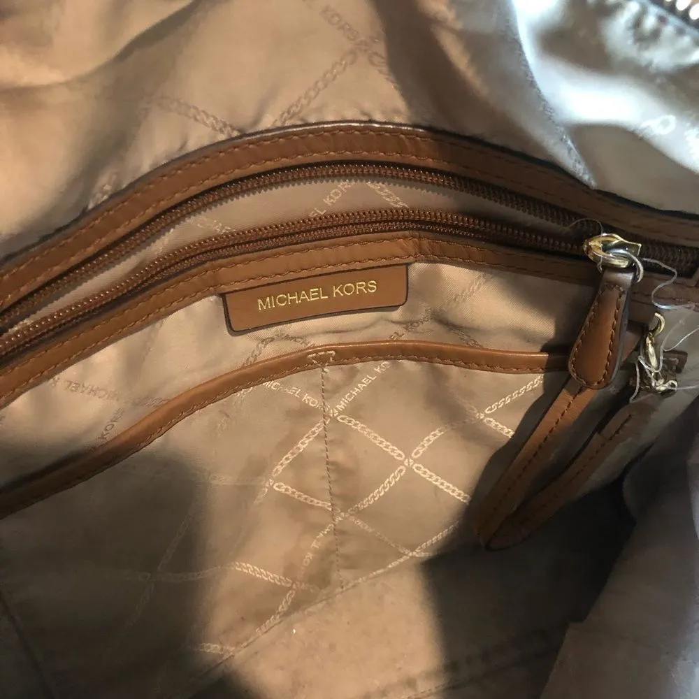 MICHAEL KORS Brown Logo Top Zipper Close Shoulder Bag w Braided Shoulder Strap - Image 8