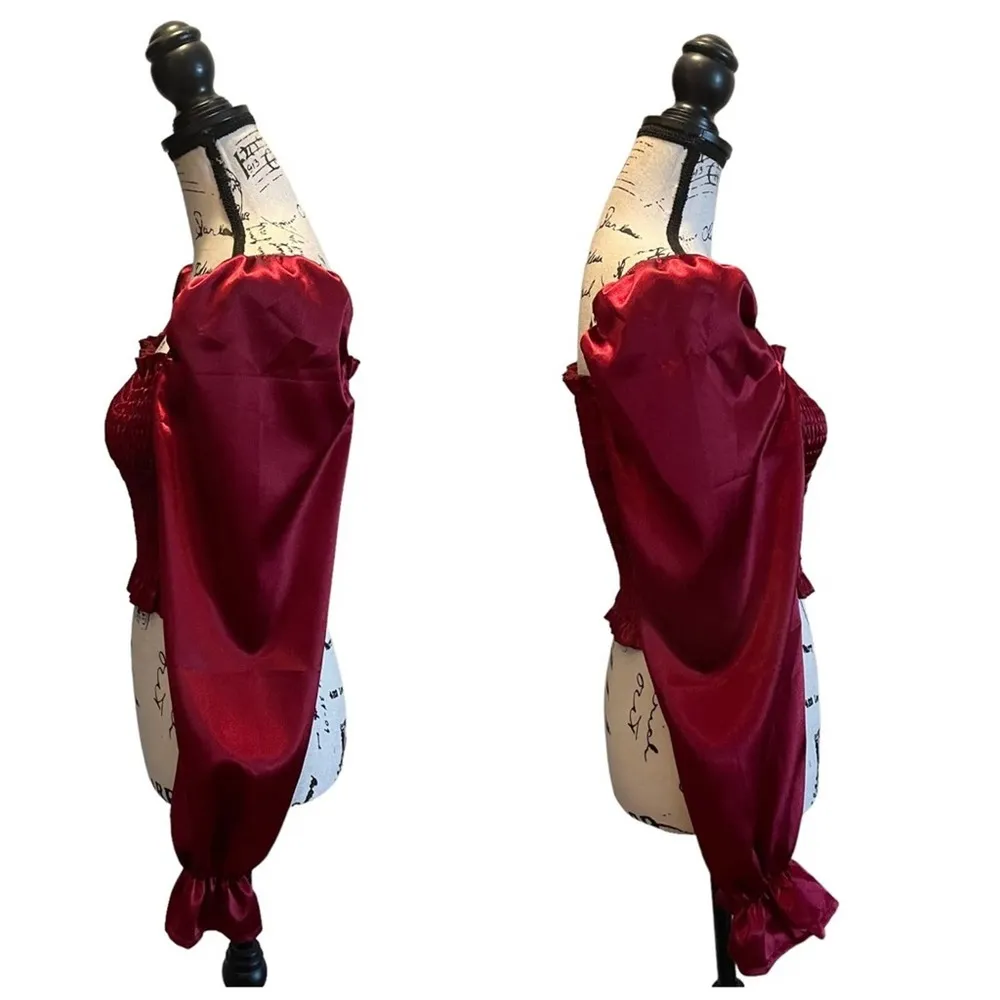 Shein Satin Peasant Crop Top Red Small Stretch Shirred Shiny Puffy Sleeve - Image 3