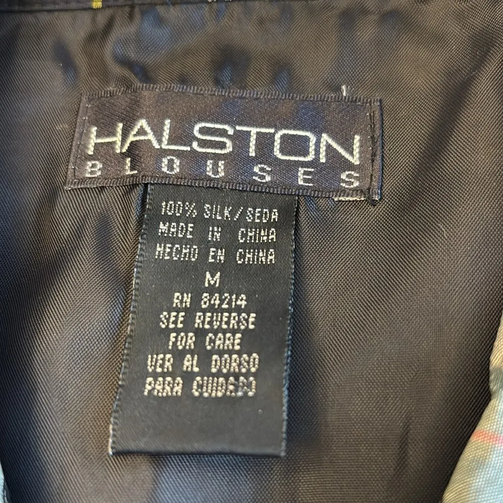 HALSTON BLOUSES Size MEDIUM Silk Plaid Vest Sleeveless Blouse Green Blue White - Image 5