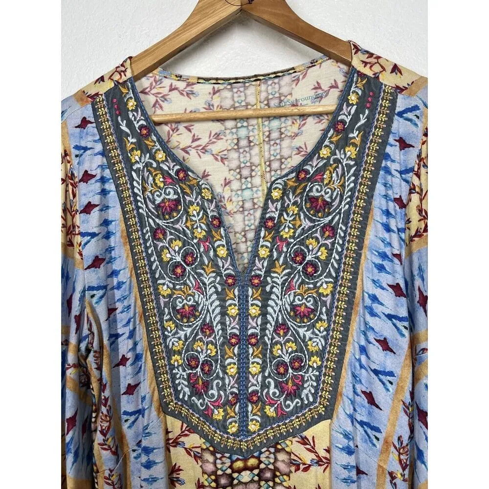 Soft Surroundings Fifi Embroidered Mixed Print Bell Sleeve Tunic Top Size Medium - Image 4