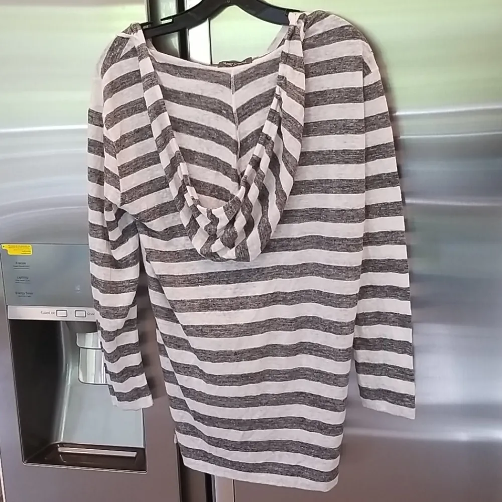 💕MICHAEL STARS💕 Linen-Knit Stripe-Hooded Pullover Grey White Striped Pattern - Image 5