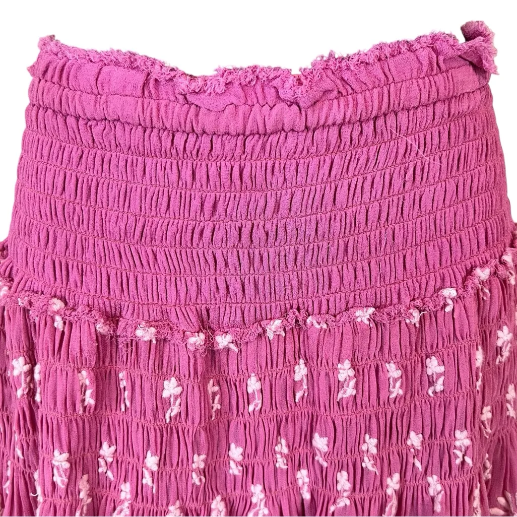 Love Shack Fancy Floral Smocked Ruffled Mini Skirt Pink Size M - Image 3