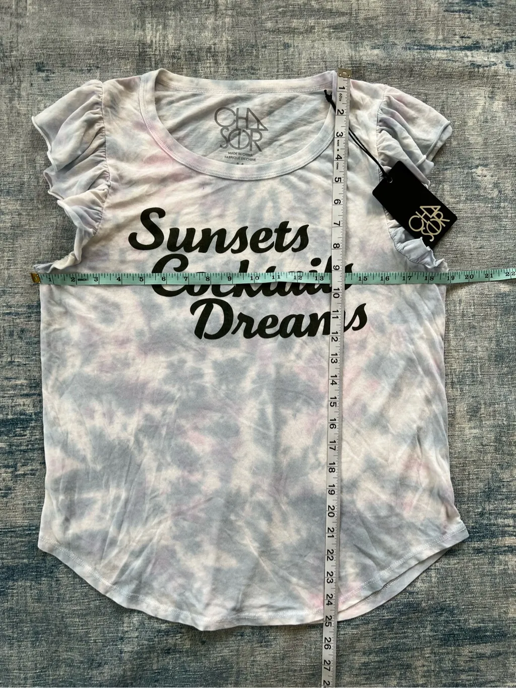 Chaser  Blue White Pink Tie Dye Sunsets Cocktails Dream Flutter Sleeve Tee M - Image 6