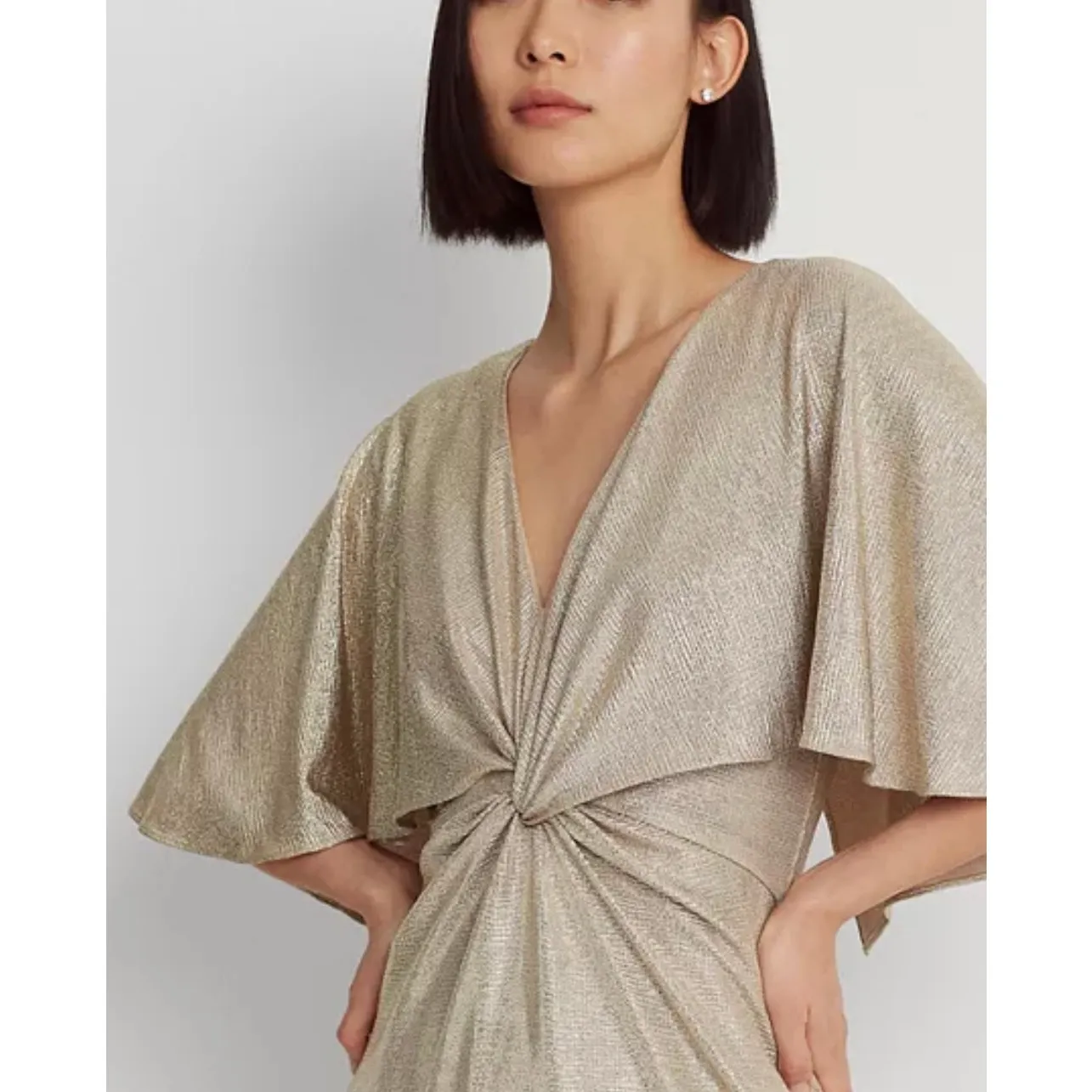 Lauren Ralph Lauren Foil Print Jersey Cape Gown Gold Size 8 NWT - Image 4