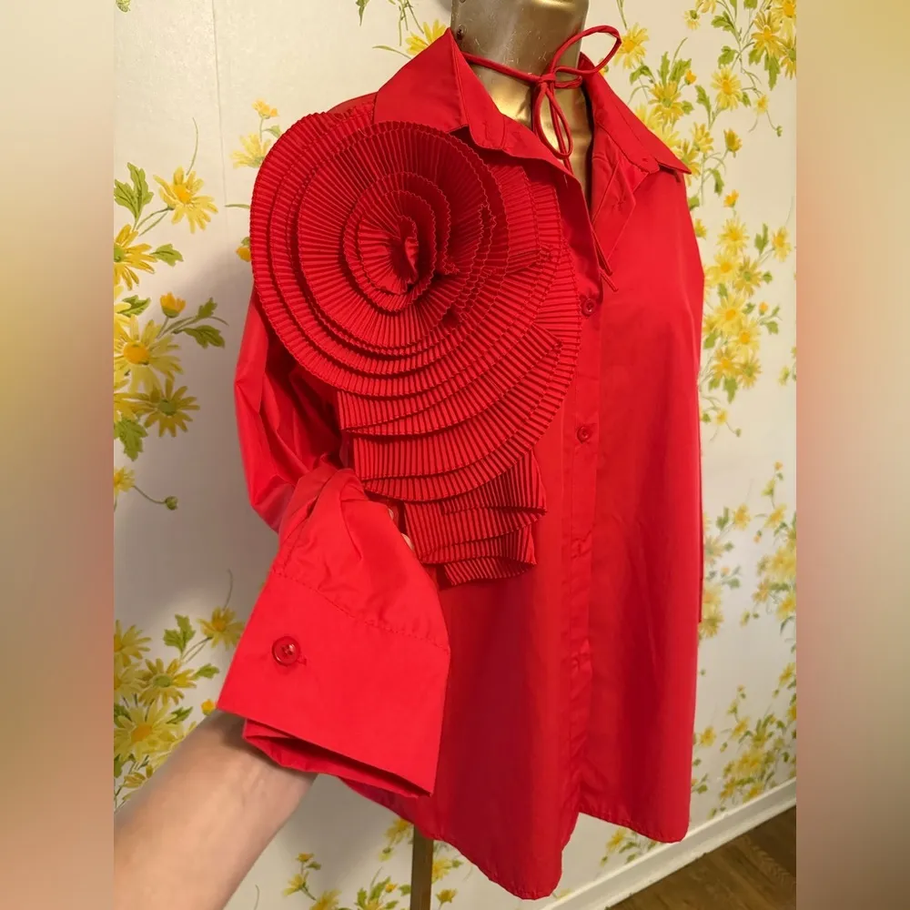 Red blossom flower Button up shirt size M Size M - Image 9