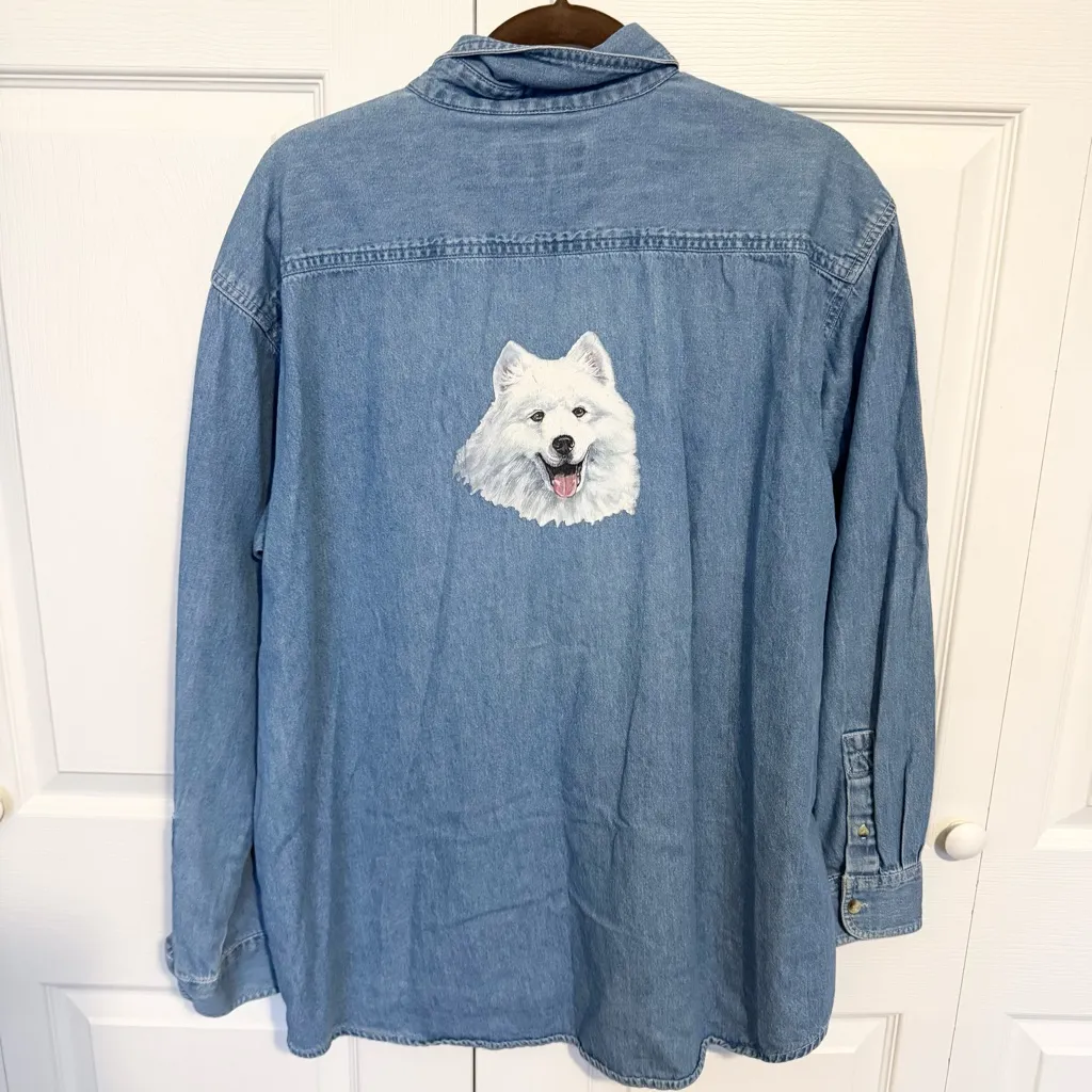 Vintage Luna Pier Denim Blue Shirt with Husky Dog Animal Design LARGE - Image 5