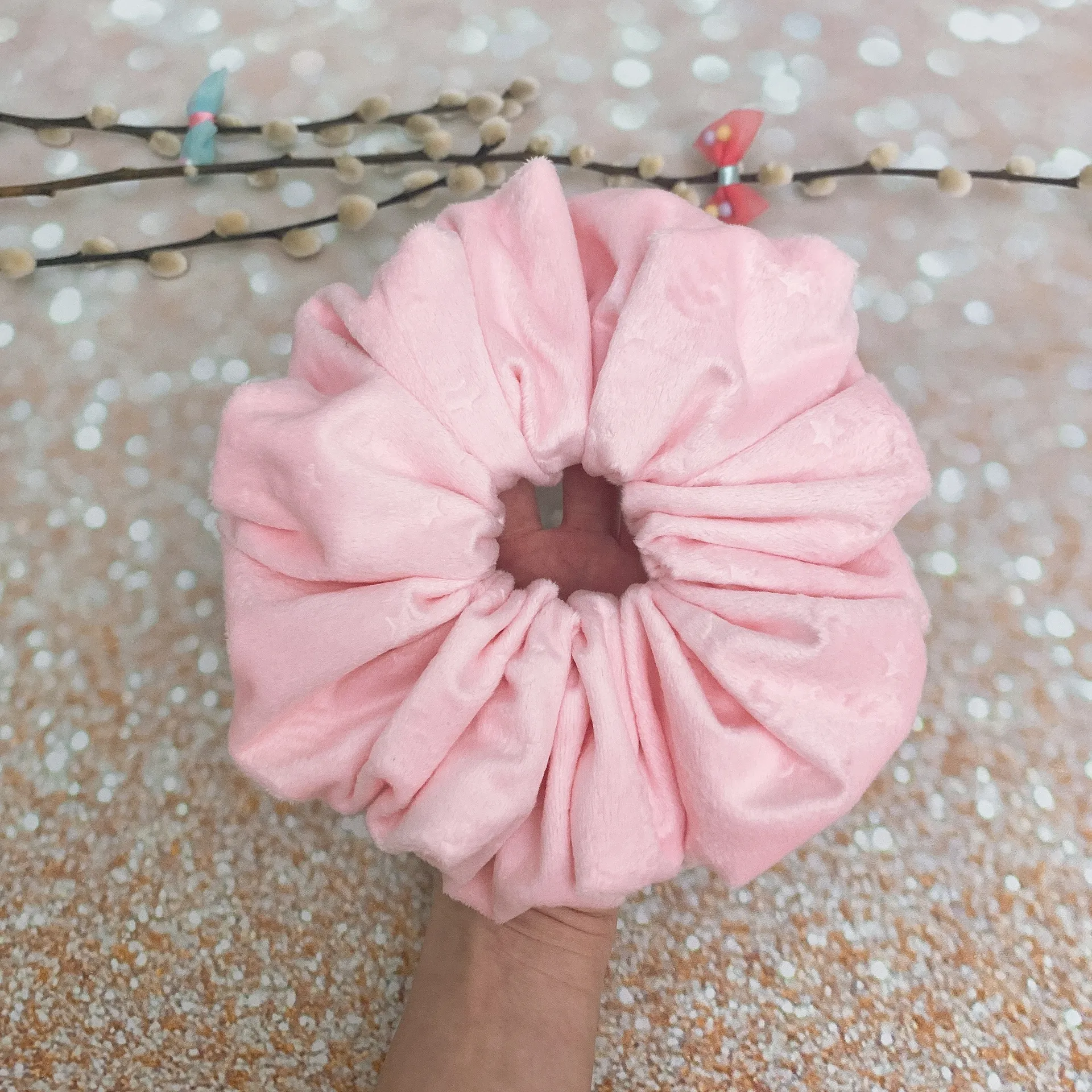 Jumbo Scrunchie Oversized Scrunchie Baby Pink Minky Scrunchie With Embossed Stars - Image 2