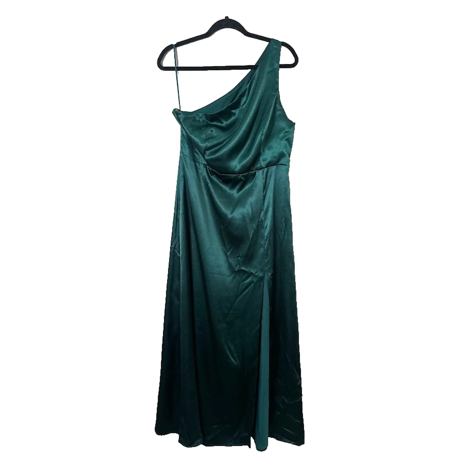 Birdy Grey Satin One Shoulder Maxi Kira Dress L Front Slit Emerald Green Formal - Image 2