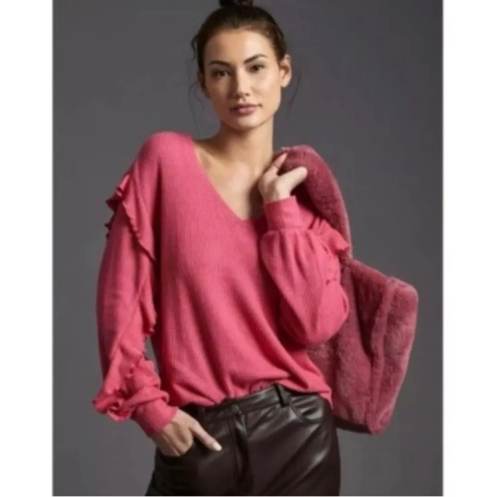 Pilcro v neck waffle knit ruffled raspberry pink top slouchy Medium - Image 2