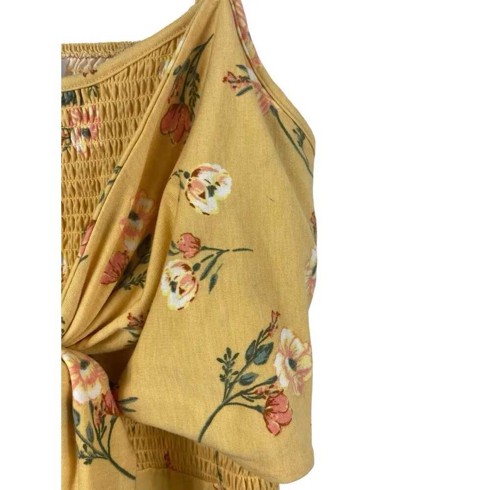 No Boundaries Yellow Floral Smocked Tie Front Back Cut Out Summer Jumpsuit L NWT - Image 5
