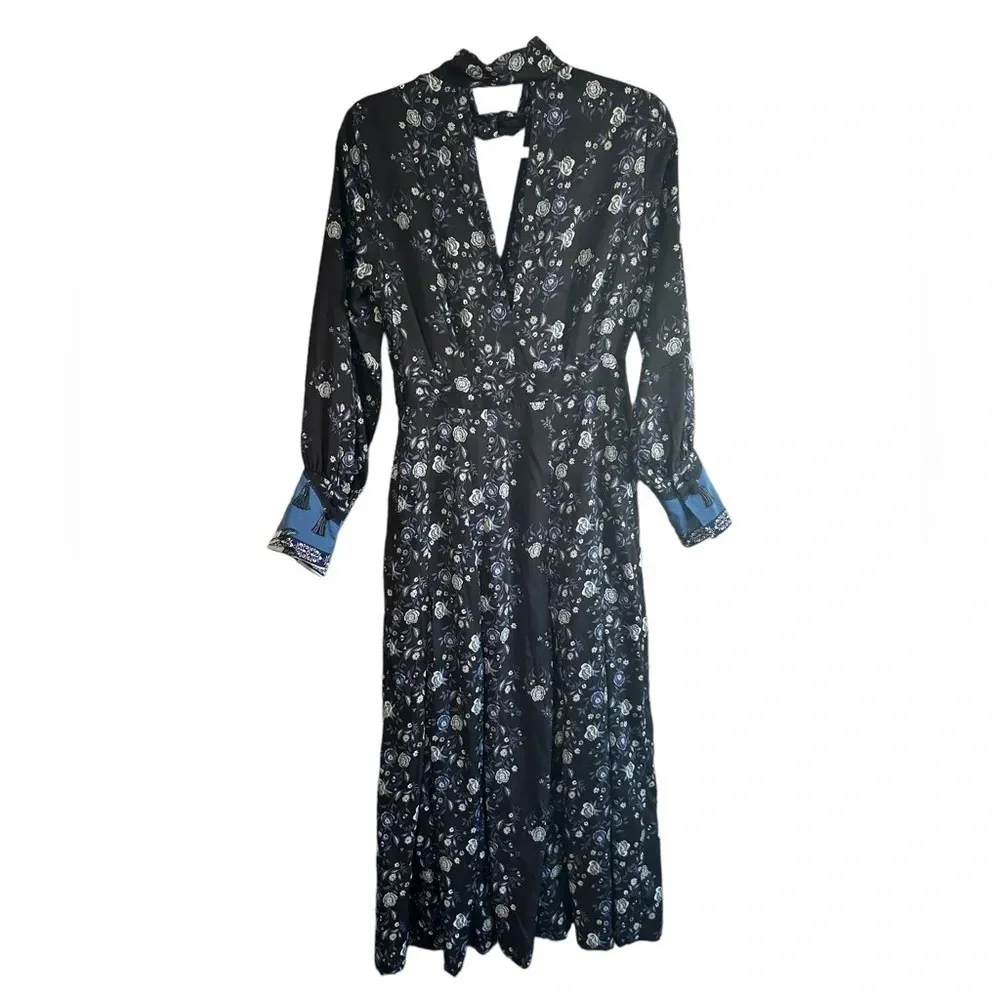 SANDRO BONNY CUT OUT BLUE FLORAL SATIN MIDI DRESS - Image 3