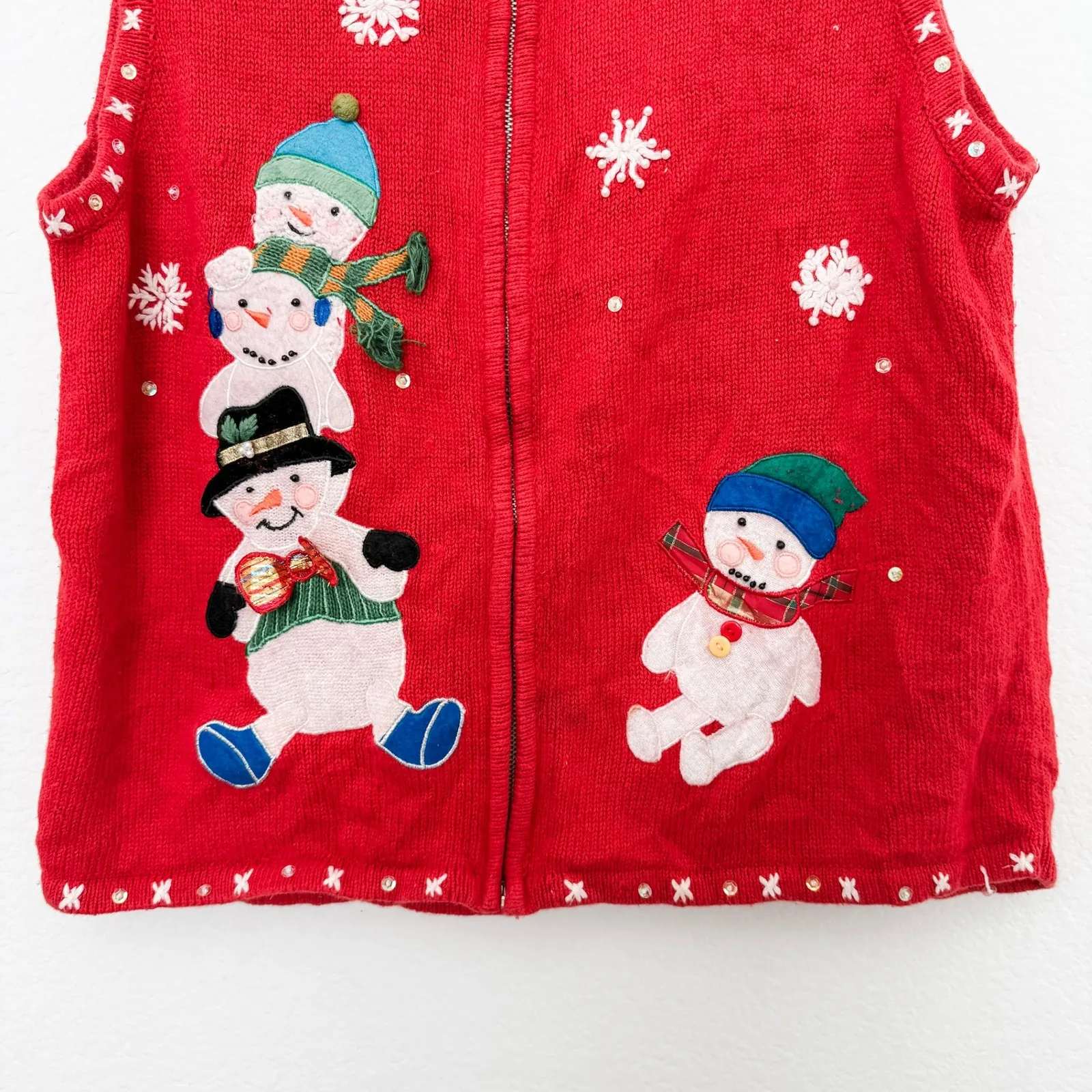Designer Originals Studio Joy Christmas‎ Snowman Vest Red Holiday Sleeveless Size L - Image 3